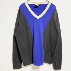 PUMA　プーマ　長袖薄手Vネックニット　セーター　ネイビー　ダークグレー　バイカラー　秋冬服　Lサイズ　古着【値引き交渉OK！】のサムネイル