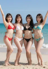 【AIアート】【水着美女】ビーチで輝く笑顔！4人組ソロショット 美脚 海 夏 X934Fのサムネイル