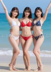 【AIアート】【夏色ビキニ】美女3人組 海辺で弾ける笑顔！青い空と白い砂浜で最高の思い出を！ X93A2のサムネイル