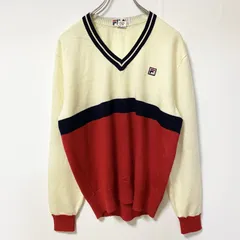 ～90s　FILA　フィラ　長袖Vネックアクリルニットセーター　刺繍ロゴ　ワンポイント　マルチカラー　白　ホワイト　XLサイズ　古着【値引き交渉OK！】のサムネイル