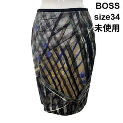 ◆ 未使用 ボス BOSS スカート ひざ丈 幾何学模様 ペンシルシルエット ブラックパイピング マルチカラー 毛 34 S 7号 レディース S6H826のサムネイル