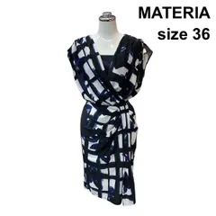 □ マテリア MATERIA カシュクールワンピース フレンチスリーブ ひざ丈 ギャザー 総柄 白 黒 ネイビー 36 S～M 7号 レディース Z6D292のサムネイル
