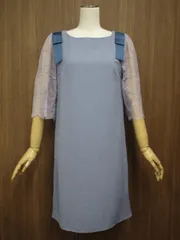 訳あり トッコクローゼット tocco closet ひざ丈 七分袖 ボートネック レースワンピース M ブルー系/ラベンダー 花柄 メール便可 中古のサムネイル