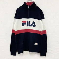 FILA　フィラ　ハーフジップアクリルニットセーター　デカロゴ　マルチカラー　紺　ネイビー　Mサイズ　古着【値引き交渉OK！】のサムネイル