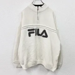 FILA　フィラ　ハーフジップコットンニットセーター　デカロゴ　ワッペン　スポーツミックス　ストリート　白　ホワイト　XLサイズ　古着【値引き交渉OK！】のサムネイル