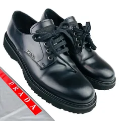 美品★PRADA SPORT★プラダスポーツ・レディース レザー メタルブランドロゴデザイン レースアップ シューズ (37.5/24.5㎝相当) レディースシューズ ブランドシューズ ブラック フォーマル プラスポ カジュアル 夏靴のサムネイル