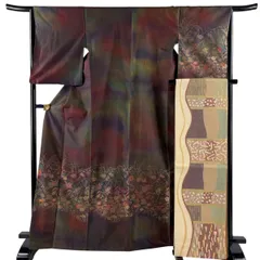 【在庫一掃】 【美品】 付下げ 身丈167cm 裄丈65.5cm M 袷 袋帯セット 紬地 秋草 ぼかし柄 赤紫 正絹 名品 【中古】のサムネイル