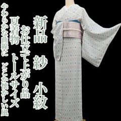 正絹・五泉絹・縦絽格子柄小紋着物・しつけ付未使用夏着物・五泉ハギレ付・現代サイズ 新品・夏江戸小紋】絽 五泉 お仕立て上がり品 角通し 堅牢染 夏着物