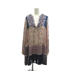アナスイ ANNA SUI チュニック ワンピース 絹 シルク 4 ピンク 紺 ネイビー Vネック 長袖 花柄 /NP ■GY70のサムネイル