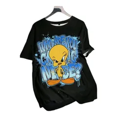 LOONEY TUNES TWEETY　トゥイーティー　Tシャツ　ブラック　ルーニーテューンズ　半袖　ゆったりサイズ　カジュアル　練習着　ダンスレッスン着　ルームウェア　部屋着　ジム着　パジャマ　可愛い　アメコミ　キャラクター　レトロ　プレゼント　海外製品のサムネイル