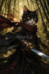 707 サムライ猫 竹林の剣士 和風アート 猫イラスト 2Lサイズ