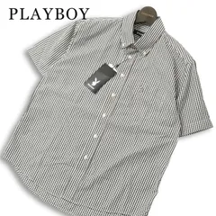 【新品 未使用】 PLAYBOY プレイボーイ 春夏 ロゴ刺繍★ 半袖 ギンガム チェック ボタンダウン シャツ Sz.M メンズのサムネイル