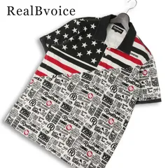 RealBvoice リアルビーボイス 春夏★ 半袖 総柄 切替 星条旗★ ロゴプリント ポロシャツ Sz.L メンズのサムネイル