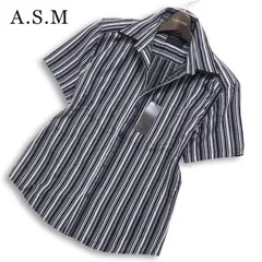 【新品 未使用】 A.S.M アトリエサブ メン 春夏★ 半袖 スリム ストライプ シャツ Sz.M メンズ 黒 ASMのサムネイル