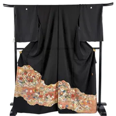 黒留袖 身丈172cm 裄丈70cm 未仕立て 落款 菊 青海波 金銀彩 黒 正絹 秀品 【中古】のサムネイル