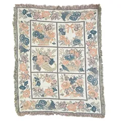 vintageラグ ブランケット マルチカバー タペストリー USA製 フラワー 花 リボン バスケット Rug Blanket Floral 3833のサムネイル