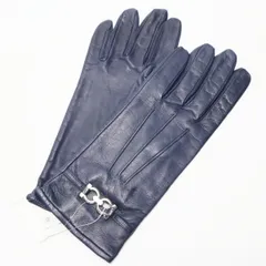 Salvatore Ferragamo サルヴァトーレフェラガモ ダブルガンチーニ レザー/シルク グローブ 手袋 7 ネイビー/シルバー K10-ｋ001のサムネイル