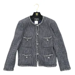 CHANEL シャネル ライオンボタン ノーカラー ツイードジャケット 42 08A ネイビー/グレー K2606-k157のサムネイル