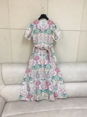 サンドロ 正規品 ジップアップ パフスリーブ ベルト リネンロング丈ワンピース フラワーパターンのサムネイル