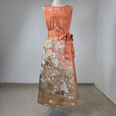A323着物リメイク 辻が花柄フレンチ袖Aラインワンピース☆リボン
