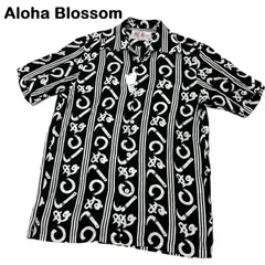 【ALOHA BLOSSOM/アロハブロッサム】半袖シャツ レーヨンシャツ プリント 総柄 KAMAWANU かまわぬ コラボ 沖縄ブランド 日本製（中古・未使用品）のサムネイル