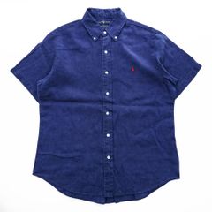 ラルフローレン リネン100% 半袖BDシャツ 紺 ネイビー M 刺繍ロゴ