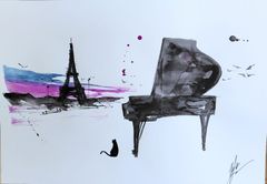 原画#583 黒猫 猫 イタリア 水彩画 ドローイング インテリア アート