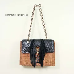 【 定価￥392,000の80％OFF 】ERMANNO SCERVINO【 エルマンノ シェルヴィーノ 】【 レディース 】羊革フリンジフラップラタンショルダーバッグ・鞄/ブラック【 サイズ00 】【イタリア製】のサムネイル