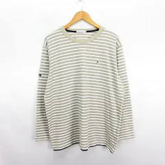 ハッシュパピー Hush Puppies カットソー Tシャツ 長袖 クルーネック ボーダー ロゴ 2L カーキ×ホワイト ※EKMのサムネイル