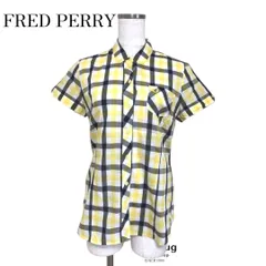 FRED PERRY　フレッドペリー　ボタンダウンシャツ　半袖チェックシャツ　イエロー　ホワイト　ネイビー　レディース　M　肩幅37　バスト96　袖丈14　着丈60　ストレッチなしのサムネイル