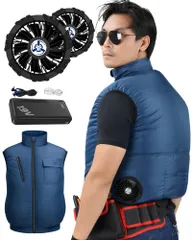 [Sumeriy] 空調作業服 【2026暴風ファン DC19V超高出力】 ファン付きベスト 薄型 4段階風量調節 日本製暴風モーター 強化9枚羽根 大容量バッテリー付き UVカット 男女兼用 熱中症対策 グッズ 工事現場適用 型番P-K23（2XLサイズ、ブのサムネイル