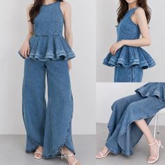 Frene デニムペプラムバックZIPトップス+カーヴィースリットデニム