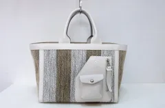 【ルビー様 専用】【222862】A.D.M.J アクセソワ・ドゥ・マドモワゼル  レザー×リネンコットン　トートバッグ ストライプ柄 ホワイト×ベージュのサムネイル