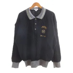 ハーディエイミス HARDY AMIES ビンテージ 美品 ポロシャツ ニット 長袖 ロゴパッチ 刺繍 ケーブル編み 2LARGE 黒 ブラック /SJのサムネイル