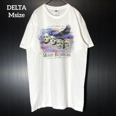 【DELTA】ラシュモア山 アメリカ 大統領 ジョージ・ワシントン トーマス・ジェファーソン セオドア・ルーズベルト エイブラハム・リンカーン 国旗 鷲 プリントロゴ 半袖Tシャツ US古着 USA輸入 ホワイト Msize