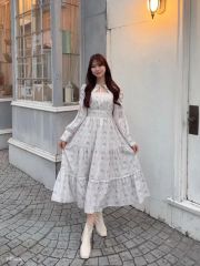 エムミーエメ チェリーレースリボンロングフレアワンピース ホワイト