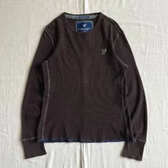 00s　archive　AMERICAN EAGLE　VINTAGE FIT　アメリカンイーグル　L/S サーマルTシャツ　カットソー　ワッフル　鷲ロゴ刺繍　ブラウン　茶　ブルーステッチ　Y2K　アメカジ　パンキッシュ　グランジ　brown thermal-Tのサムネイル