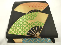 平和屋着物●桝屋高尾　九寸開き名古屋帯　扇面文　黒地　金糸　正絹　逸品　CABJ9491dyのサムネイル