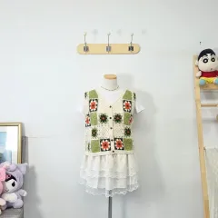 ヴィンテージ アイボリー フラワー メッシュ ニット カーディガンのサムネイル