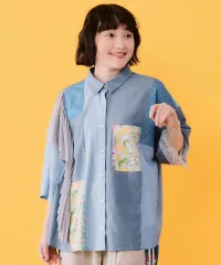 ScoLar(スカラー）デニム×水玉×チュール×総柄 パッチワーク風シャツ　サックス、ブルー　162644のサムネイル