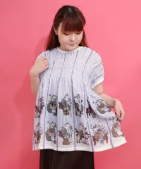 IS ScoLar（イズスカラー）ベルカート柄×ストライプ ギャザー入り配色チュニック　オフホワイト、ブラック、ベージュ　562235のサムネイル