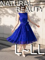 【NATURAL BEAUTY】ノースリーブワンピース ロイヤルブルー 13 L〜LL フレア リボン付き 裏地あり シアー フォーマル 結婚式 お呼ばれのサムネイル