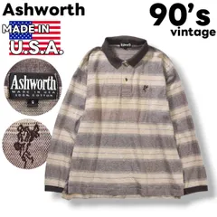 90s ヴィンテージ USA製 アシュワース Ashworth 長袖 ポロシャツ ロゴ 刺繍 サイドスリット S ボーダー柄 ベージュ x ブラウン ゴルフ レトロ スポーツ カジュアル ウェア タウンユース レジャー メンズのサムネイル