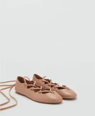 マンゴ レディース シューズ パンプス レザー MANGO Womens Crossed Straps Leather Ballet Flats Nudeのサムネイル