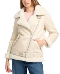 ゲス レディース アウター ジャケット・ブルゾン アシンメトリー コート GUESS Womens FauxShearling Asymmetric Moto Coat Morning Hazeのサムネイル
