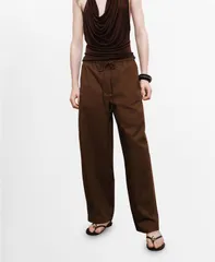 マンゴ レディース ボトムス カジュアルパンツ パンツ コットン MANGO Womens Paper Bag Cotton Pants Brown ブラウンのサムネイル