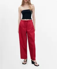 マンゴ レディース ボトムス カジュアルパンツ パンツ コットン MANGO Womens Paper Bag Cotton Pants Red レッドのサムネイル