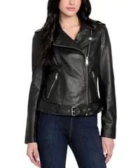 ゲス レディース アウター ジャケット・ブルゾン アシンメトリー レザー ジャケット GUESS Womens Asymmetric Belted Leather Moto Jacket Blackのサムネイル