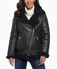 ゲス レディース アウター ジャケット・ブルゾン アシンメトリー コート GUESS Womens FauxShearling Asymmetric Moto Coat Jet Black ブラックのサムネイル