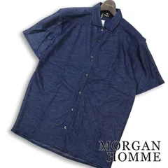 【新品 未使用】 MORGAN HOMME モルガン オム 春夏★ テンセル 半袖 デニムライク ボタンダウン シャツ Sz.L メンズ 紺のサムネイル